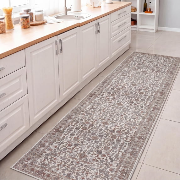 Subtlety Medallion All-Over Floral Border Non-Slip Machine-Washable Rose Clay/Ivory 2 ft. x 8 ft. Runner Rug