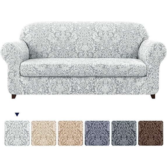 Subtrex Stretch 2-Piece Jacquard Damask Loveseat Slipcover,Smoky Gray