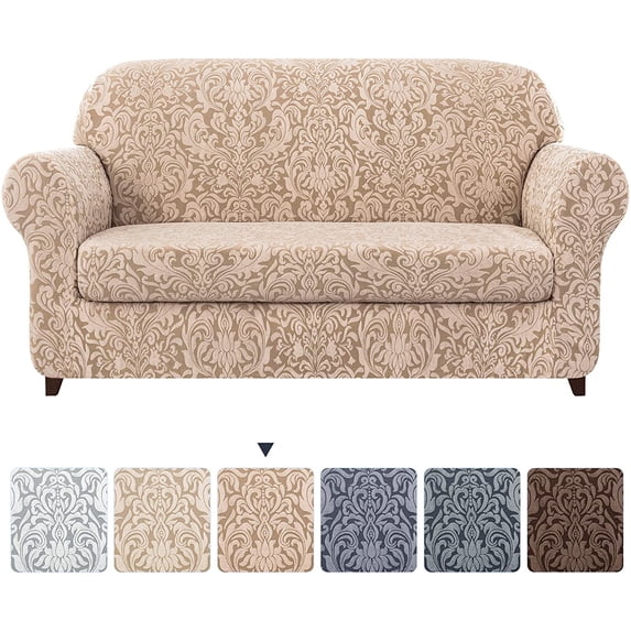 Subtrex Stretch 2-Piece Jacquard Damask X-Large Sofa Slipcover, Oatmeal