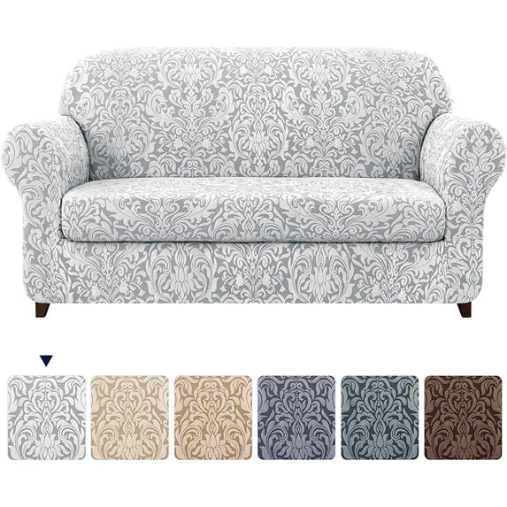 Subtrex Stretch 2-Piece Jacquard Damask X-Large Sofa Slipcover, Smoky Gray
