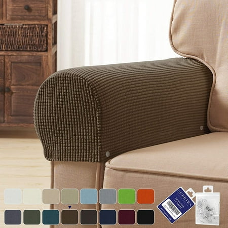Subtrex Stretch Textured Grid Washable Sofa Armrest Slipcover (Set of 2, Coffee)