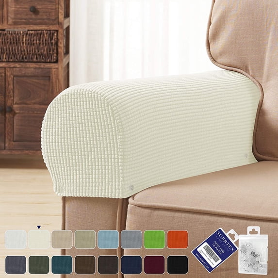 Subtrex Stretch Textured Grid Washable Sofa Armrest Slipcover (Set of 2, Ivory)