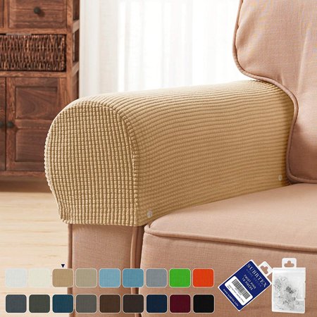 Subtrex Stretch Textured Grid Washable Sofa Armrest Slipcover (Set of 2, Khaki)