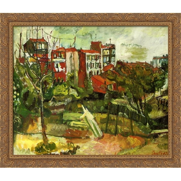 Suburban Landscape with Red Houses 32x28 Large Gold Ornate Wood Framed Canvas Art by Chaim Soutine
