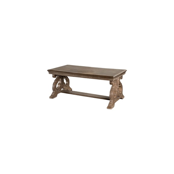 Suburban Sophistication 52 Inch Rectangular Brown Coffee Table with Solid Wood Scroll Trestle Legs and Weathered Carved Wood Detailing