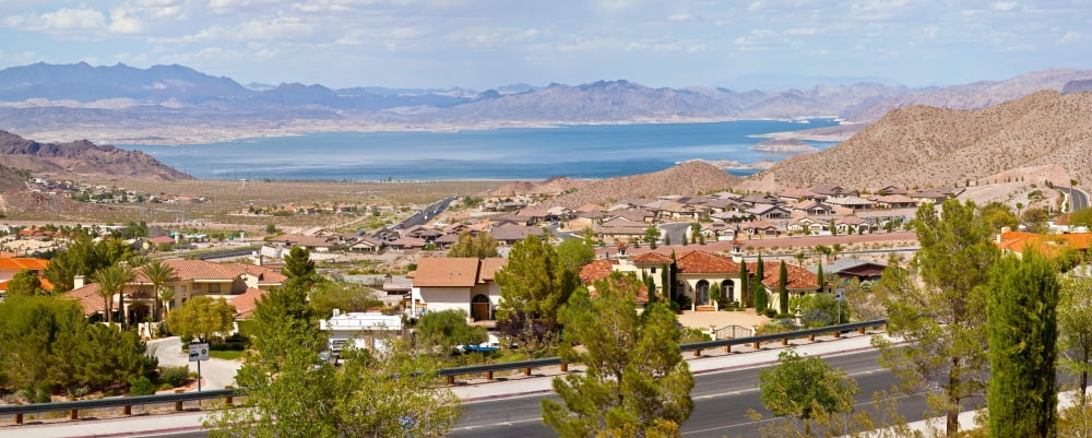 Suburbs and Lake Mead with surrounding mountains in background Boulder City Clark County Nevada USA Canvas Art - Panoramic Images (36 x 12)