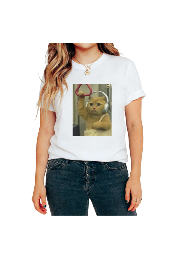 Subway Cat Graphic Regular Fit Tees T-shirt Cute Orange Cat With Headphones Meme Tops Round Neck White S-5XL