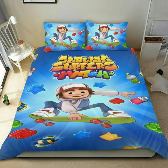 Subway Surfers Themed Bed Sheet Set Three Piece Set 53x79 Inches Comfortable And Skin Friendly Unique Design Creating A Star Studded Night