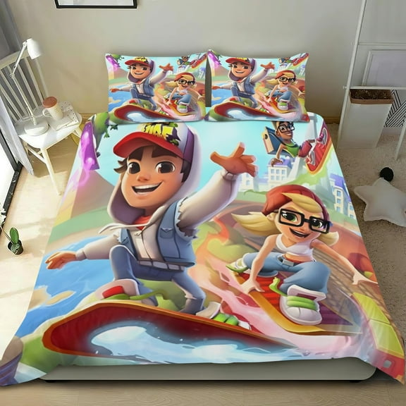 Subway Surfers Themed Bed Sheet Set Three Piece Set 53x79 Inches Comfortable And Skin Friendly Unique Design Creating A Star Studded Night