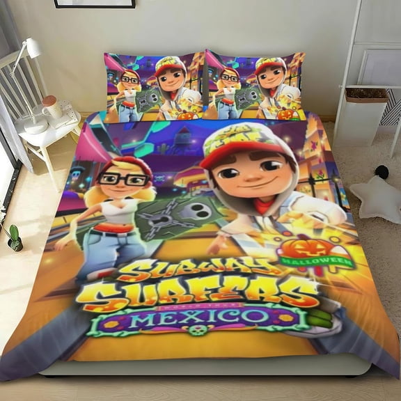 Subway Surfers Themed Bed Sheet Set Three Piece Set 53x79 In ches Comfortable And Skin Friendly Unique Design Creating A Star Studded Night Home Decor Gifts For Family Friends fans