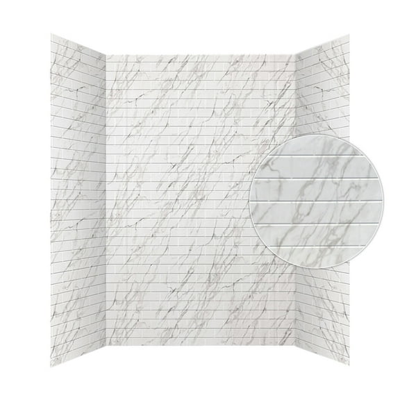 Subway Tile PVC Glue-up Tub and Shower Wall Panels Surround in Marble (96 Sq.ft) - 1 Piece
