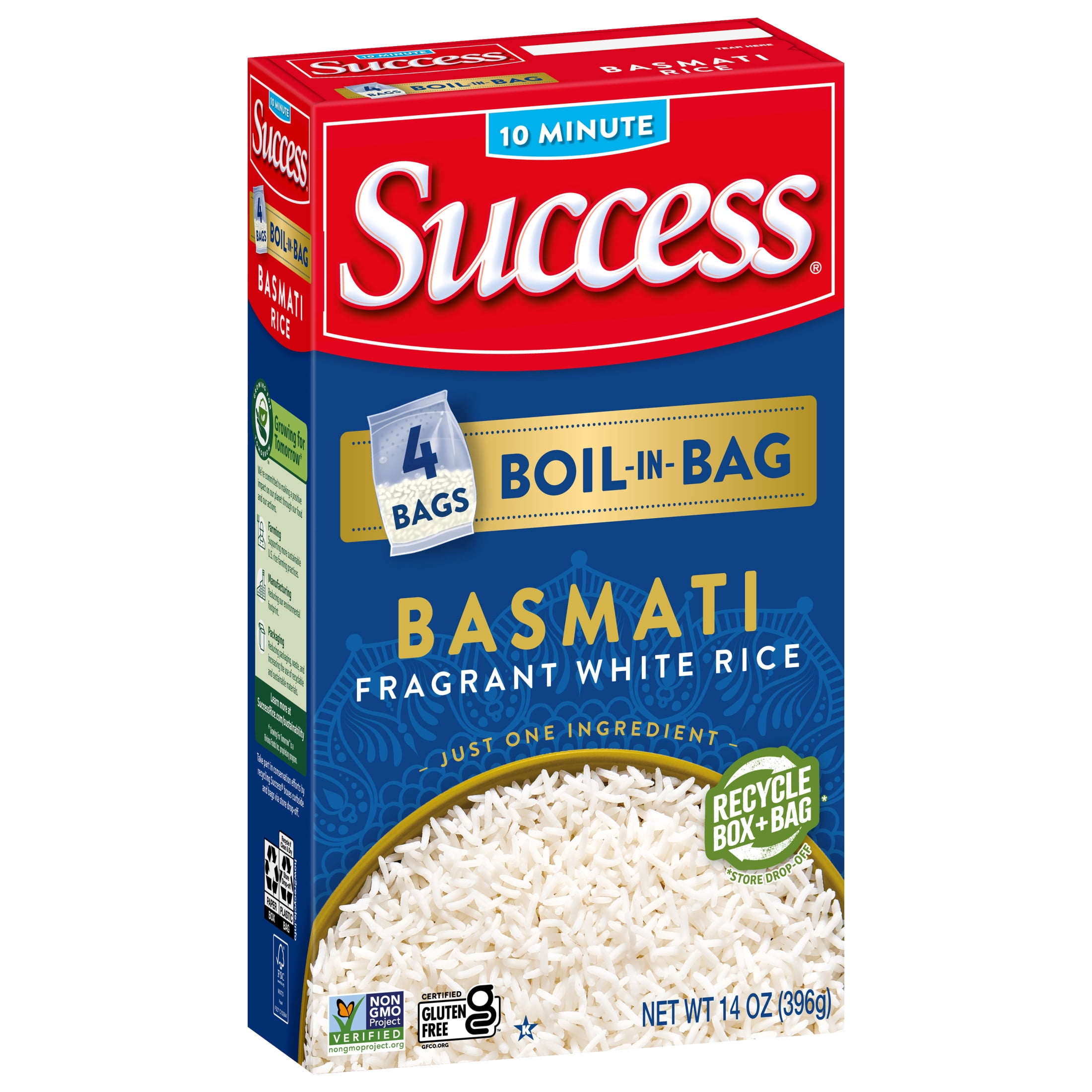 Success Boil-in-Bag Basmati Rice, Non-GMO, Kosher, Gluten-Free, 14 oz, 4 Pre-Portioned Bags