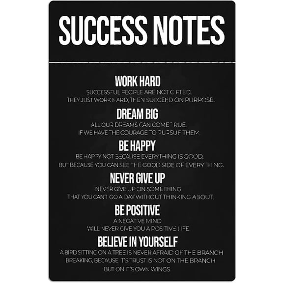 Success Notes Metal Tin Signs Wall Decor Work Hard Dream Big Posters Office Inspirational Home Room Studio Plaque Decoration 8x12 inches