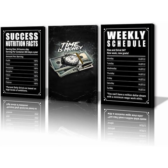 Success Nutrition Facts, Time Is Money, Inspirational Wall Art - Motivational Quotes Canvas Decor -Hustle Weekly Schedule, Success Inspiring Entrepreneur Quote Posters for Home Office Framed