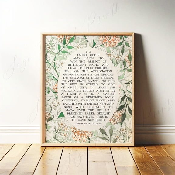 Success Quote, Ralph Waldo Emerson, Poetry Wall Art, Poem Print, Neutral Floral Decor For Library Or Classroom,d Print Or Poster, Poster Only