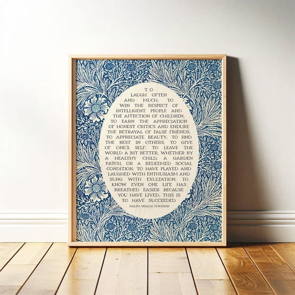 Success Quote, Ralph Waldo Emerson, Poetry Wall Art, Poem Print, Vintage Oval Blue William Morris Floral, Art Print Or #1905, Unframed Poster Size 12x18