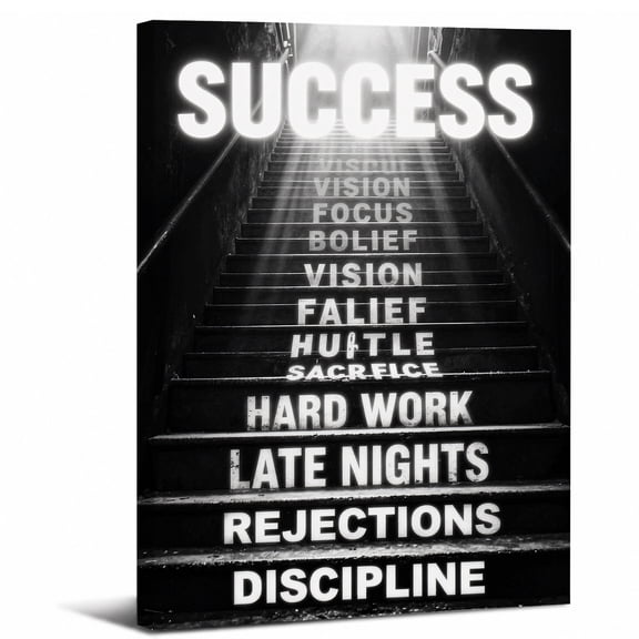 Success Stairs Canvas Wall Art Framed,Inspirational Stairway to Success Office Landscape canvas print for bathroom bedroom decor,8x12in