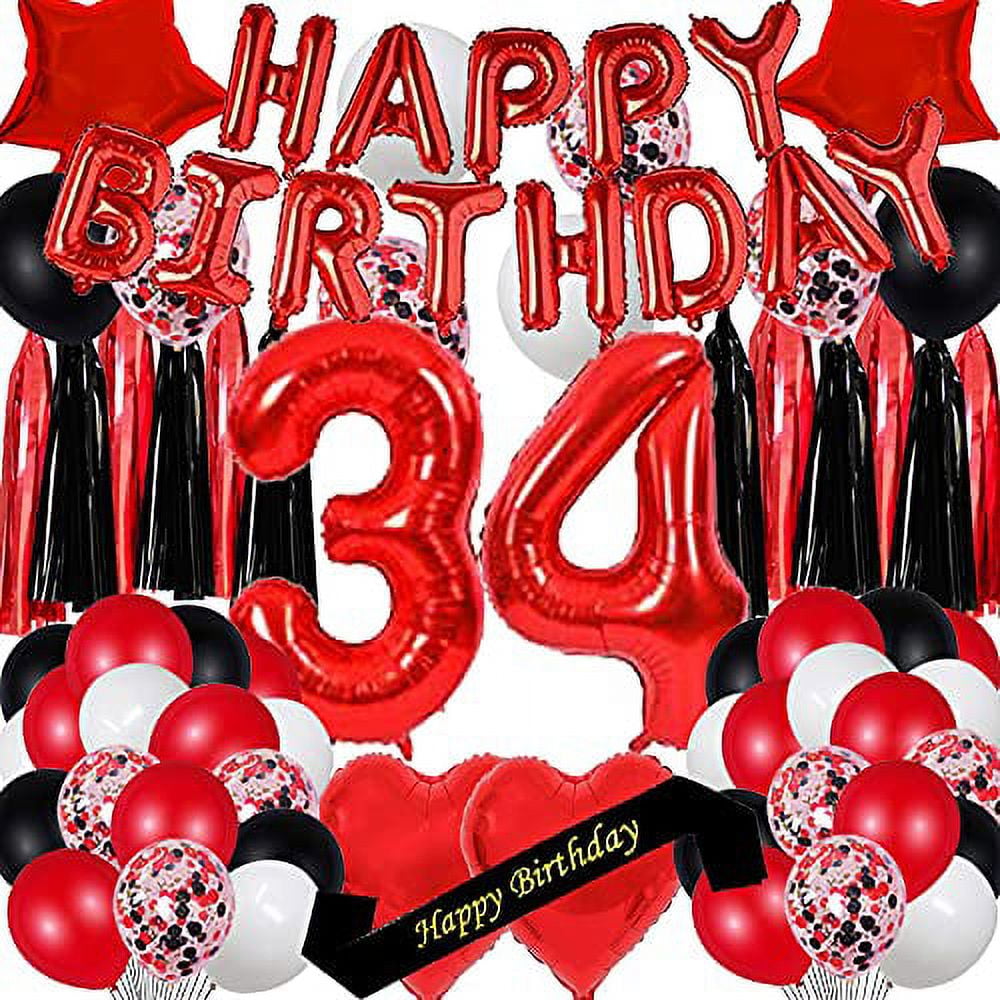 Succris 34TH Birthday Party Decorations Confetti balloons 16inch Red Happy  Birthday Foil Balloons Foil Star balloons Red Black Foil Tassels Number Red  34 