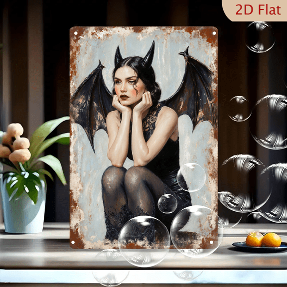 Succubus Devil Woman with Bat Wings, Black Latex Dress & Horns, Aged Rust Border, 8x12 Inches Metal Wall Art Print for Bedroom Living Room Fantasy Decor