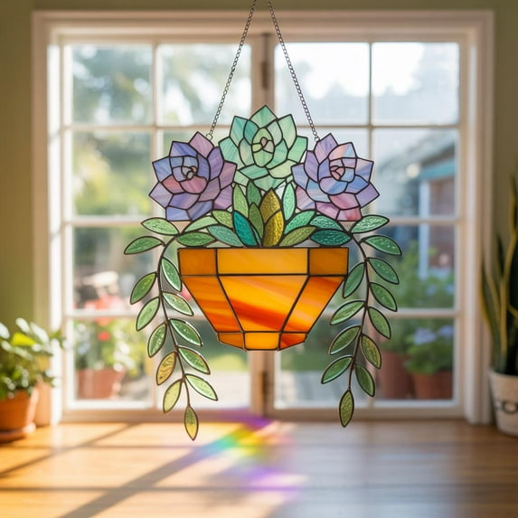 Succulent Acrylic Suncatcher, Plant Window Hanging Decor, Flower Pot Ornament, Boho Garden Sun Catcher,Nature Lover Home Decor,Xmas Ornament