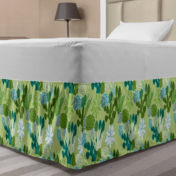 Succulent Bed Skirt, Cactus Foliage Along House Plants Essence Blooms Fragrance Wildlife, Elastic Bedskirt Dust Ruffle Wrap Around for Bedding Decor, 4 Sizes, Green and Turquoise, by Ambesonne