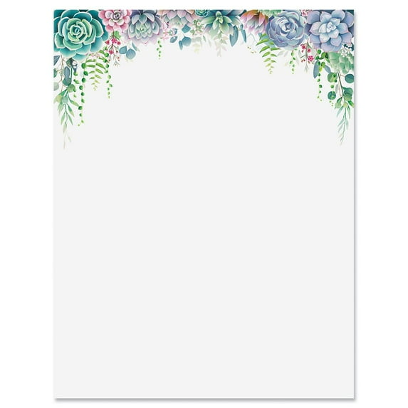 Succulent Border Letter Papers - Set of 25, Stationery Papers, 8.5" x 11", Computer Paper, 70# Text Paper, Holiday, Christmas, Invitations, Newsletters