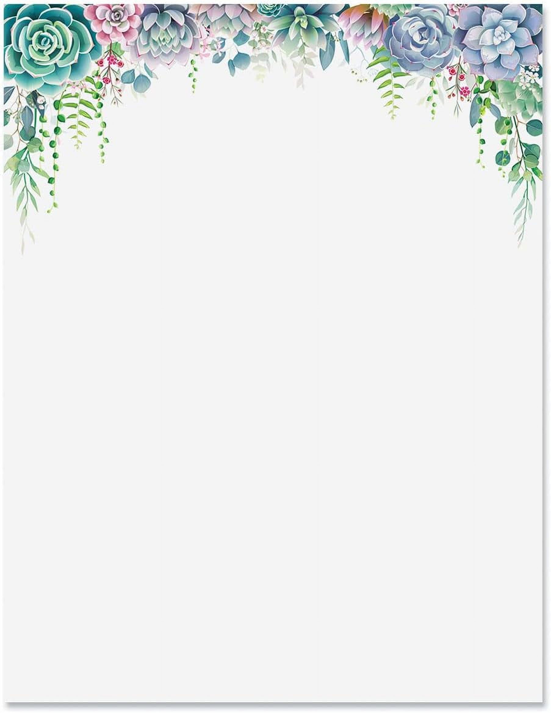 Succulent Border Letter Papers Set Of 25, Stationery Papers, 8.5" X