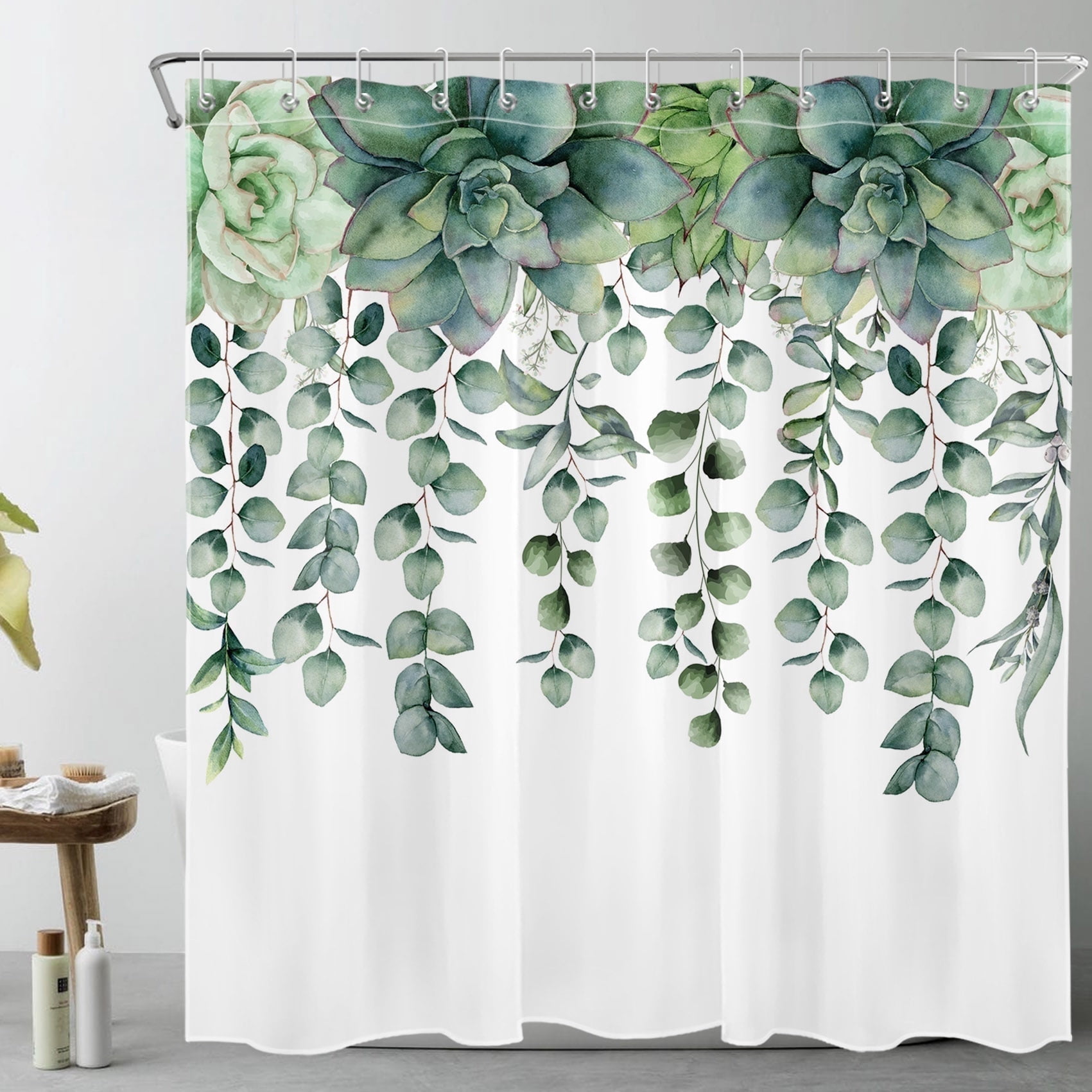 Succulent Botanical Shower Curtain Decor, Sage Green Plant Eucalyptus Leaf Green and White Shower Curtains for Bathroom 72X78 inch Polyester Fabric Bathroom Decoration Bath Curtains Hooks Included