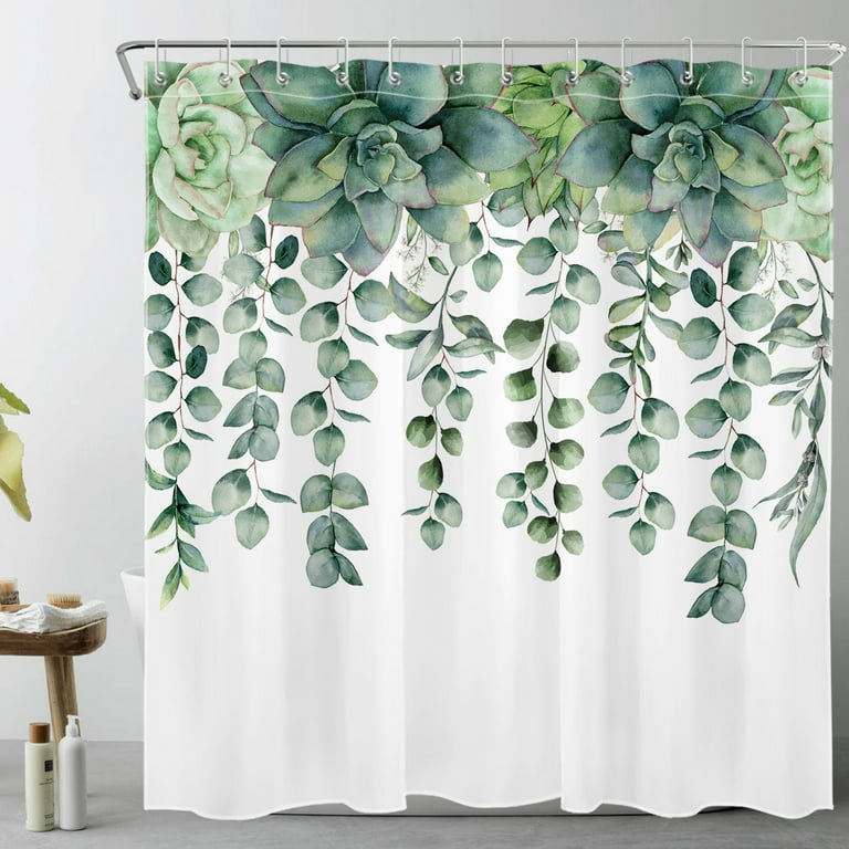 Succulent Botanical Shower Curtain Decor, Sage Green Plant