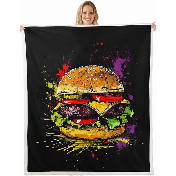 Succulent Burger Printed Decor Blanket Fast Food Theme Bed Throws for Users men Teens Lightweight Polyester Flannel Fleece Blanket for Couch Sofa, Size (50 x 60 Inches)
