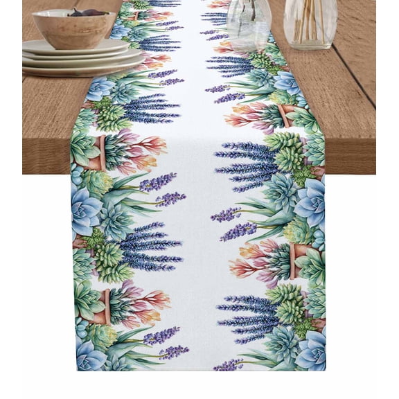Succulent Burlap Cotton Table Runner 13x36 Inches Short, Spring Botanical Tropical Flower Farmhouse Table Runners, Outdoor Dining Tablecloths Decor for Baby Shower/Party/Wedding
