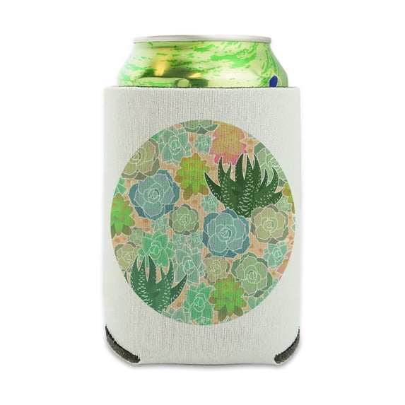 Succulent Cactus Aloe Plants Pattern Can Cooler - Drink Sleeve Hugger Collapsible Insulator - Beverage Insulated Holder
