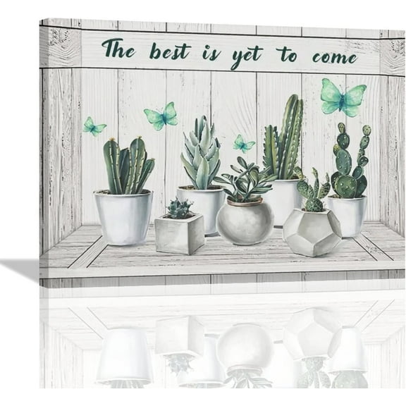 Succulent Cactus Bathroom Wall Art Rustic Botanical Plant Pictures Wall Decor Butterfly Natural Green Cactus Canvas Print Painting Framed Modern Home Artwork for Office Bedroom Kitchen 16"x12"