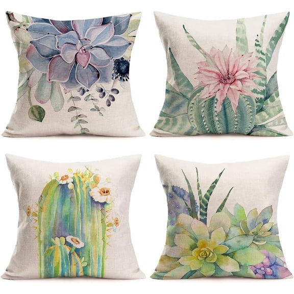 Succulent Cactus Floral Pillow Covers 18 x 18 inch Set of 4 Tropical Green Plants Flower Summer Decorative Throw Pillow Case Cotton Linen Square Outdoor Cushion Cover for Sofa (CF, 18" x 18")