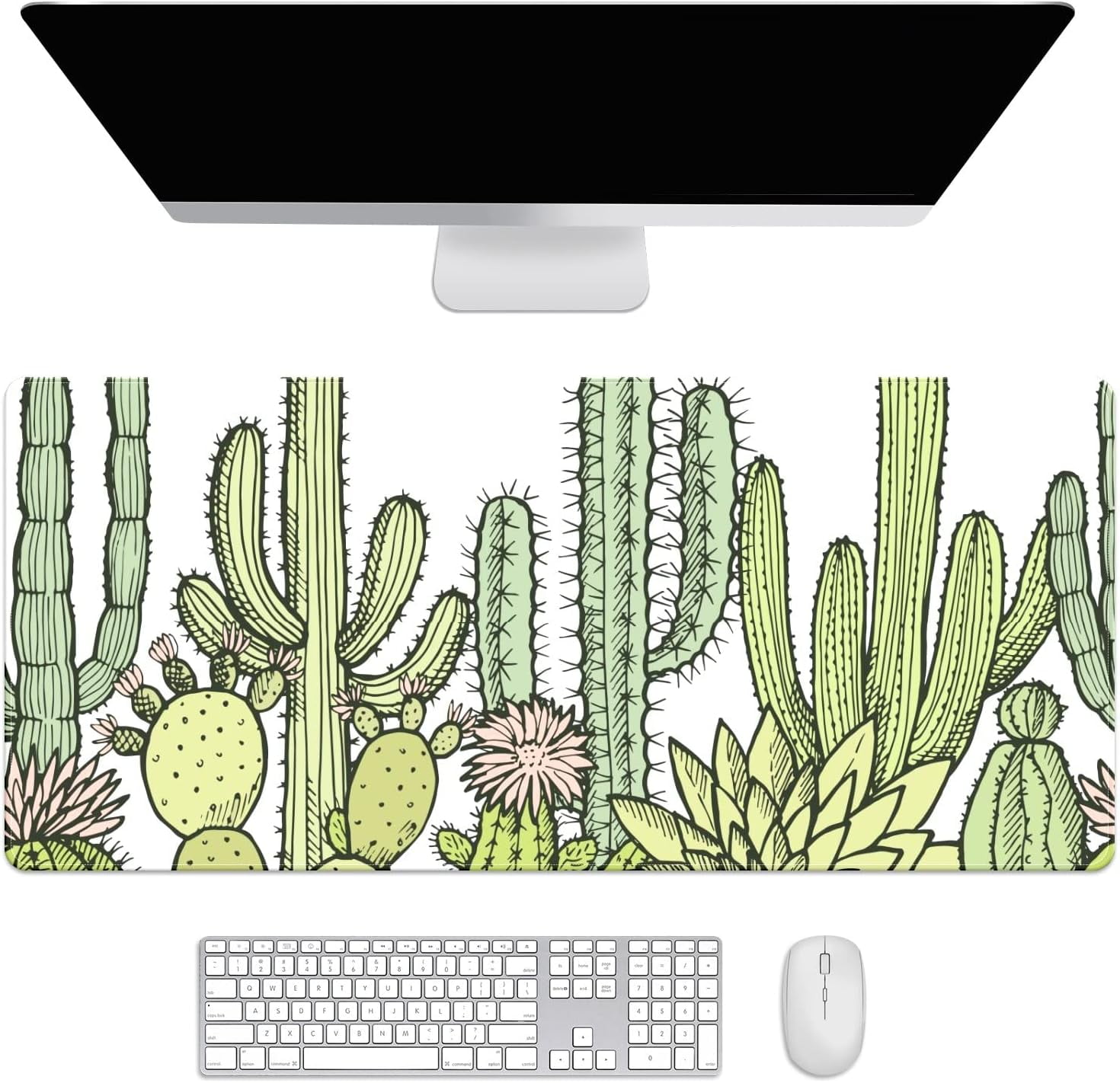 Succulent Cactus Floral Plants Desk Mat, Desk Accessory, Cute Workspace, Trendy Workspace, Trendy, 35.4x15.7in Large Gaming Mouse Pad, Cute Desk Topper, Pretty Desk Pad
