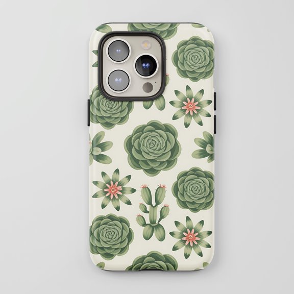 Succulent Cactus For All iPhone Series Protective Phone Case Botanical Floral Green Cream