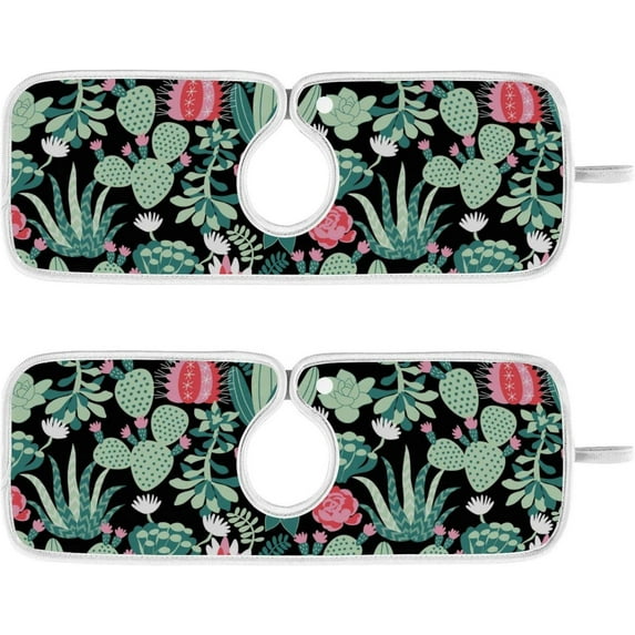 Succulent Cactus Retro Sink Splash Guard for Faucet 2 Packs Faucet Absorbent Mats, Tropical Summer Plant Faucet Handle Drip Catcher Quickly Drying Mat for Kitchen Counter Bathroom, 14.9"x5.5"