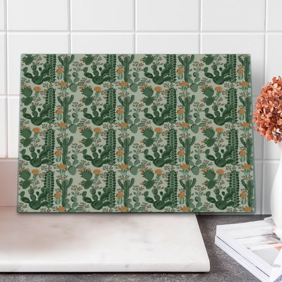 Succulent Cutting Board, Desert Botanical Pattern with Floral Saguaro Cactus Plants, Decorative Tempered Glass Cutting and Serving Board, in 3 Sizes, by Ambesonne