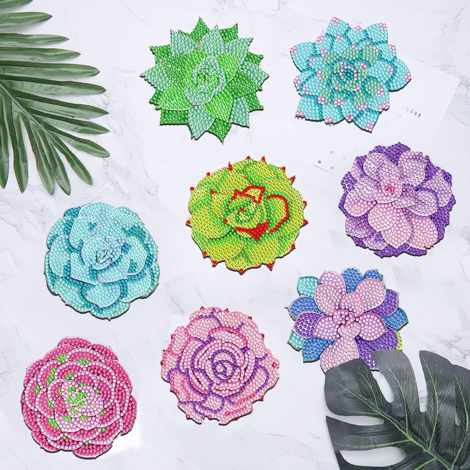 Succulent Diamond Art Coasters, Flower Diamond Painting Coasters Kits with Holder, DIY Plants Coaster Kit with Cork Bases for Adults Art Craft Supplies Gift