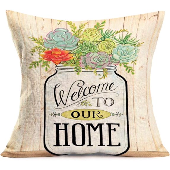 Succulent Floral Plants Decorative Pillow Covers with Welcome to Our Home Sweet Quotes Decor Cotton Linen Throw Pillow Cases Vintage Wood Grain Background 18x18 Inches Cushion Cover