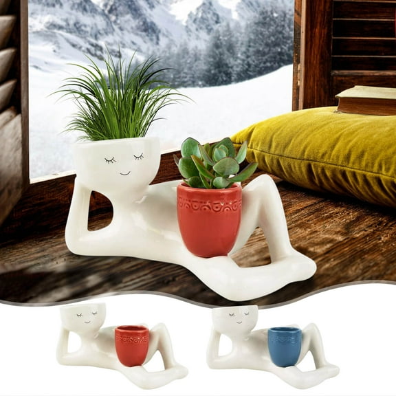 Succulent Flower Pot Planter | Lazy Little Figure Vase | Desktop Ornament Container | Indoor Decor for Home Office Garden | Unique Craft Design | Humorous Earthy Style | 1 Pack