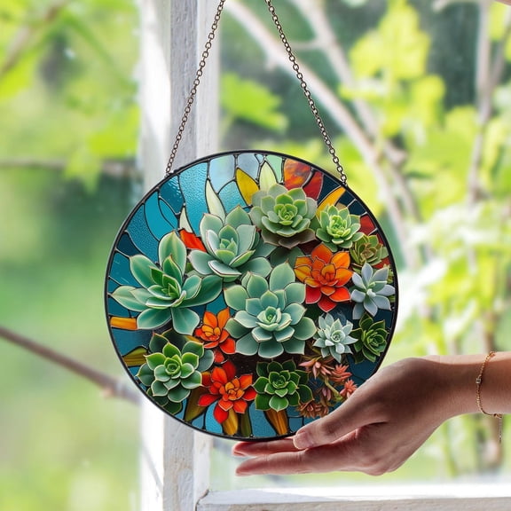 Succulent Glass Window Suncatcher – Vibrant Plant Lover Decor, Cactus Garden Art Panel, Unique Gift For Greenery Enthusiasts, Suncatcher Window Hanging, 3.5 in