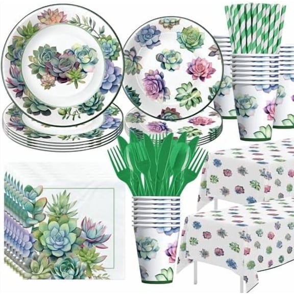 Succulent Party Decorations Tableware - Succulent Party Supplies Dinnerware For Birthday & Baby Shower & Wedding & Bridal Shower, Paper Plate, Cup, Napkin, Tablecloth, Cutlery Straw | Serve 24