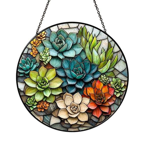 Succulent Plant Garden Stained Glass Style Window Suncatcher Decor, Botanical Decorative Acrylic Hanging Panel Ornament for Nature Inspired Window Art and Plant Theme Home Decoration