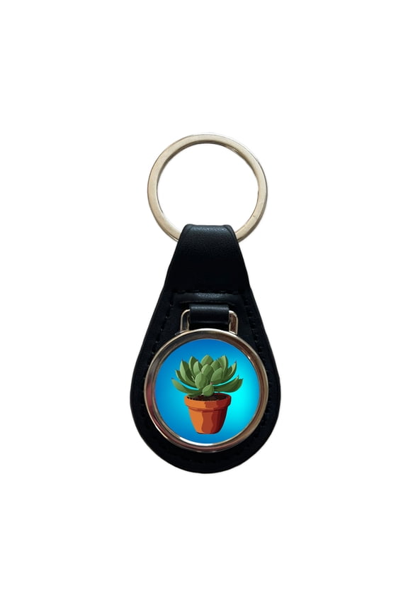 Succulent Plant in Pot Metal Black Leather Keychain