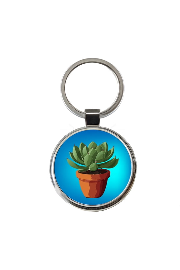 Succulent Plant in Pot Metal Round Keychain