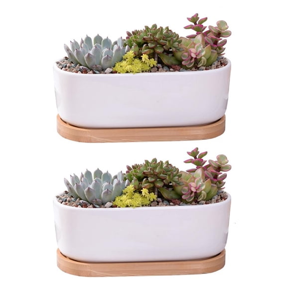2pcs Planter Ceramic Flower with Tray Drainage Holes for Indoor Outdoor Home Garden Decoration