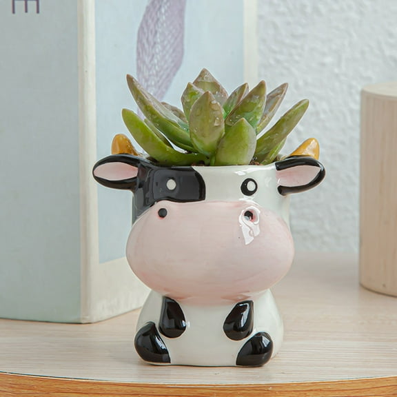 Succulent Planter Pot with Drainage,Cute Cow Cartoon Animal Shaped Ceramic Succulent Cactus Vase Flower Plant Pots for Home Garden Office Desktop Decoration