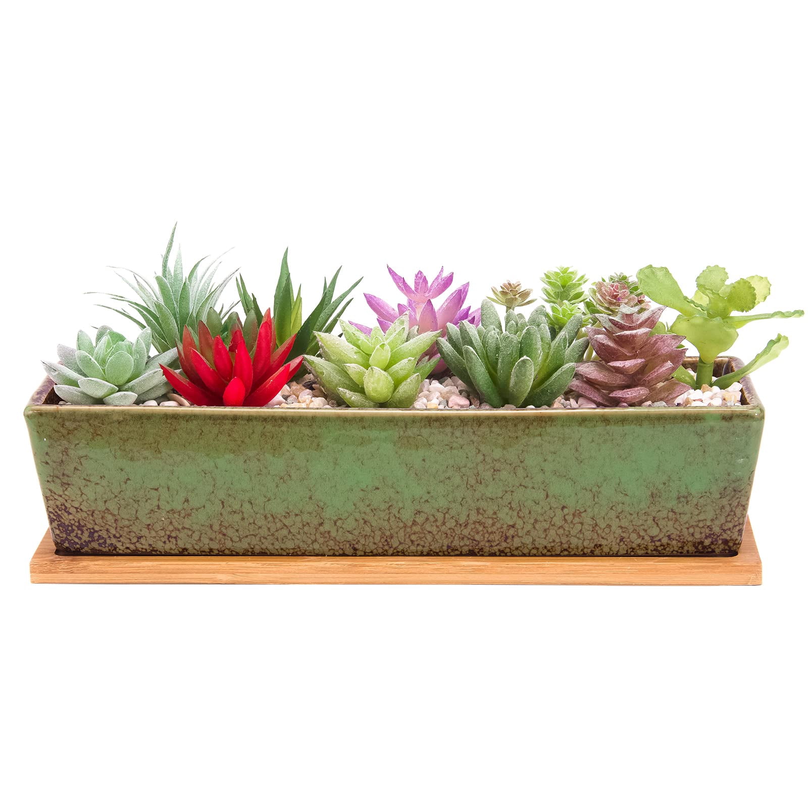 Succulent Planter Pots Large Rectangular Ceramic Cactus Flower Pot with Drainage and Bamboo Tray 12 Inch Shallow Bonsai Window Box for Home Garden Decor