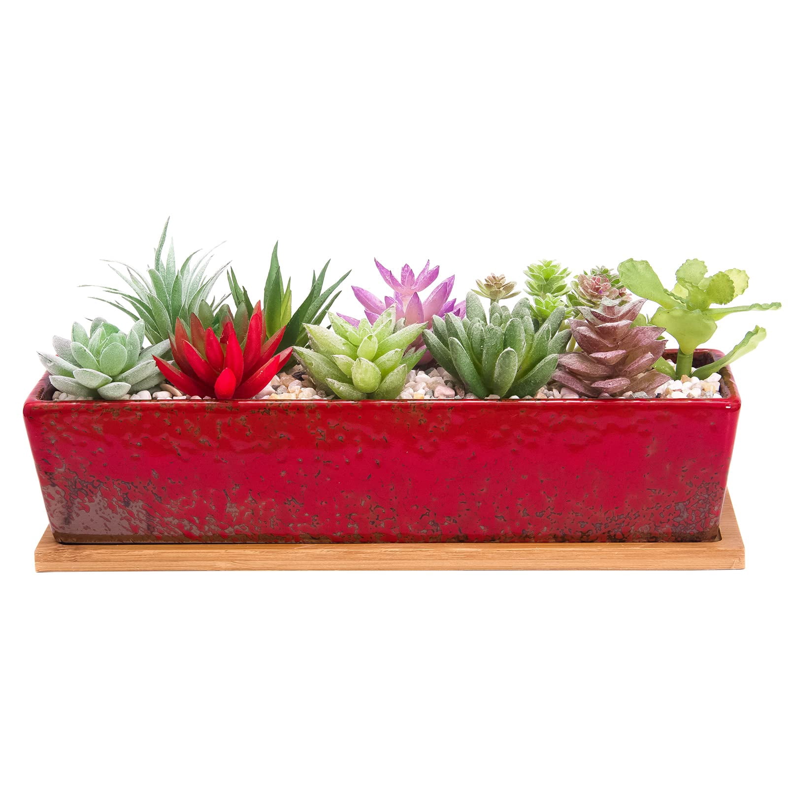 Succulent Planter Pots Large Rectangular Ceramic Cactus Flower Pot with Drainage and Bamboo Tray 12 Inch Shallow Bonsai Window Box for Home Garden Decor